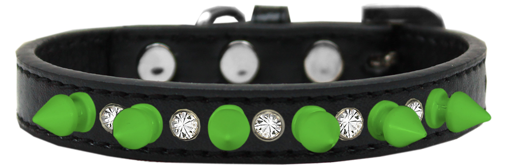 Crystal and Neon Green Spikes Dog Collar Black Size 12